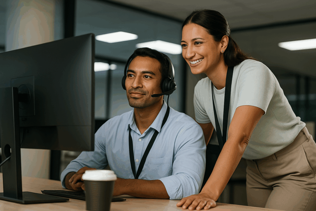 Two IT helpdesk support professionals collaborating at a desktop computer in a modern office setting in the Philippines, wearing lanyards and a headset