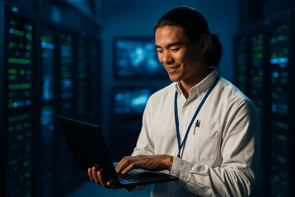 Filipino IT technician smiling while working on a laptop in a data center, surrounded by server racks and digital screens