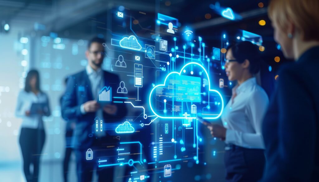Business professionals discussing cloud-based IT infrastructure and managed service solutions with holographic icons overlay.